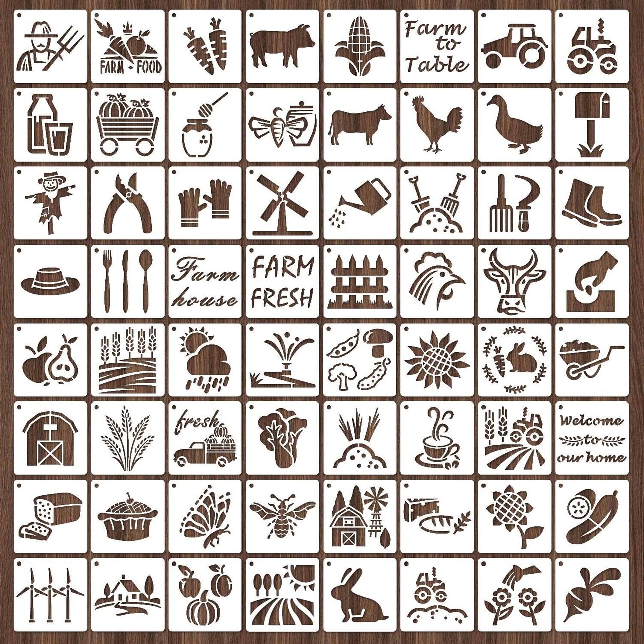 64 Pieces Stencils for Painting, Small Reusable Farmhouse Stencil, Art Craft Template for Painting on Wood, Wall, Fabric, Rock, Chalkboard, Sign, DIY Art Scrapbook Projects(Farm)